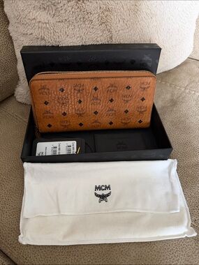 MCM Cognac Logo Zip-Around Wallet with Gold Hardware